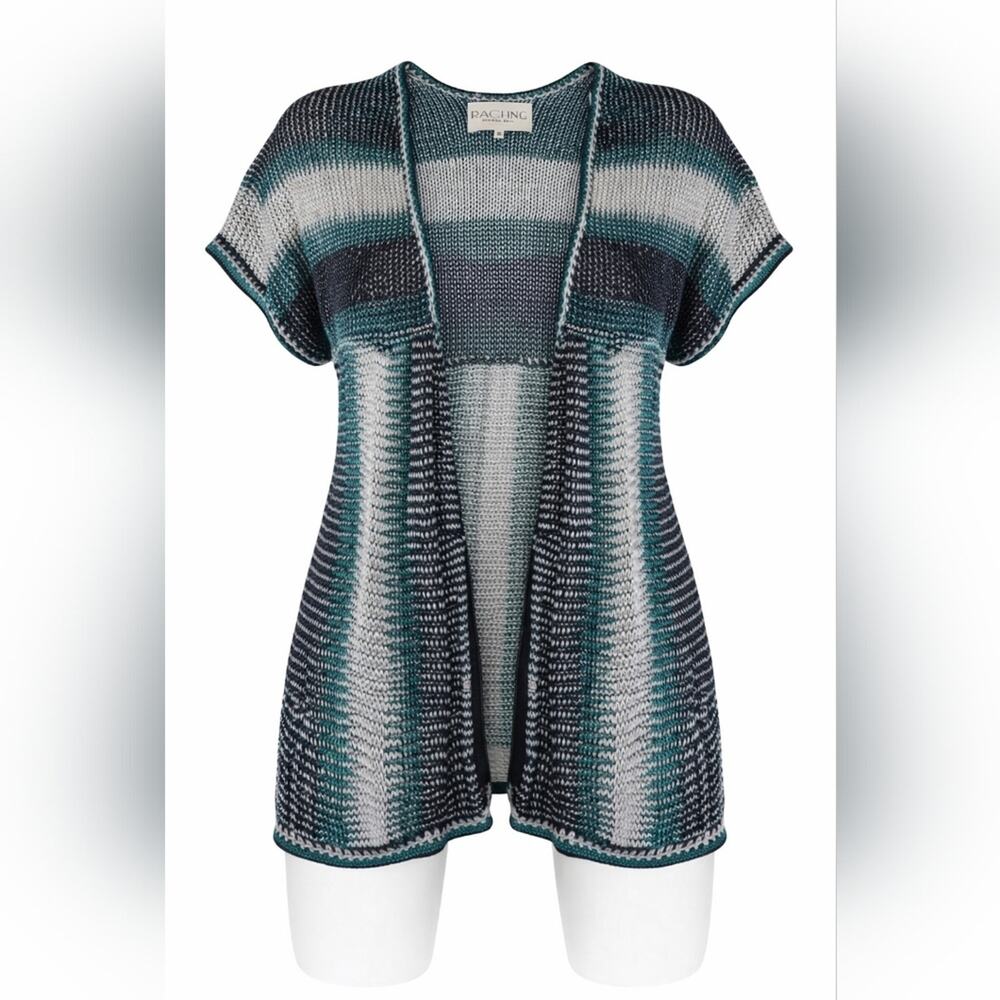 Rachel Roy Open Front Knit Cardigan Short Sleeve Striped Boho Size M